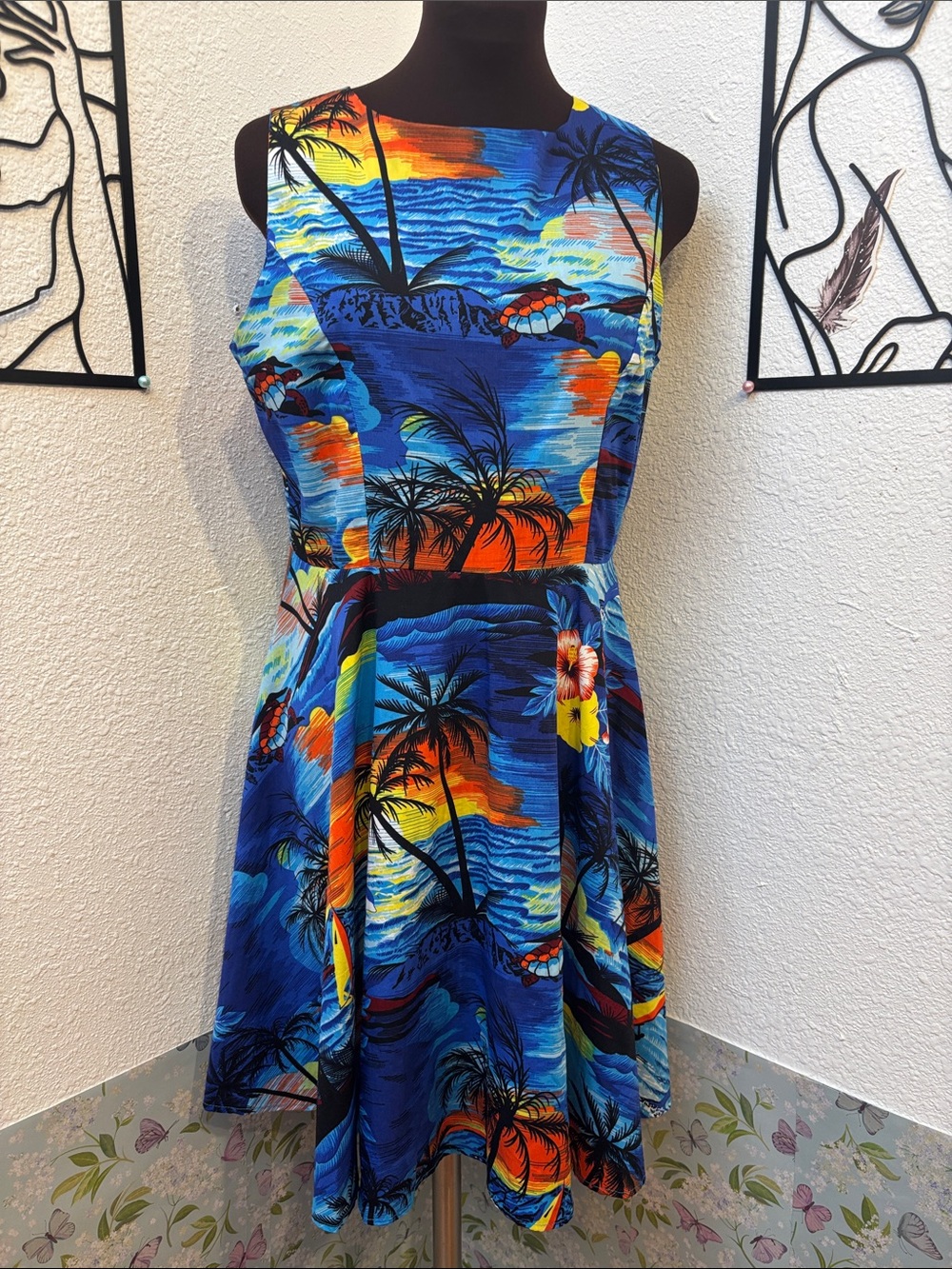 NWDT Hawaii Hangover vibrant tropical blue and orange sleeveless dress. Size M.